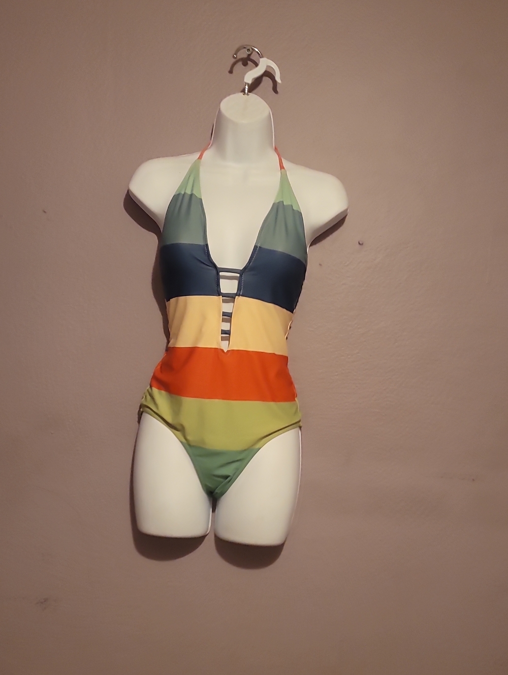 Halter One-Piece Swimwear in Multicolor Stripe